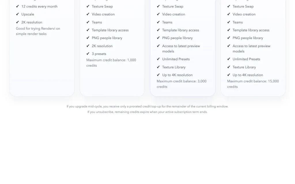 Rendervi Preisseite mit Tarifen und Preisen – Screenshot des KI-Tools bilderzeugung, Oct 1, 2026