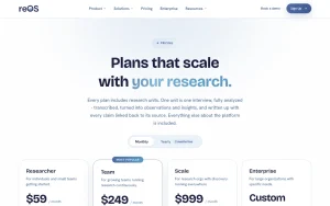 reOS pricing page with plans and prices — screenshot of the research & search AI tool, 2026-10-01