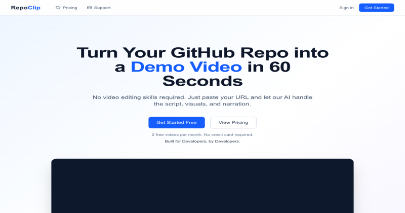 RepoClip homepage screenshot, video AI tool