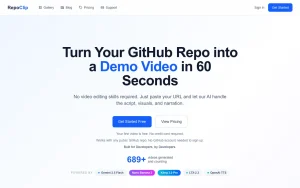 RepoClip homepage page homepage screenshot, video AI tool