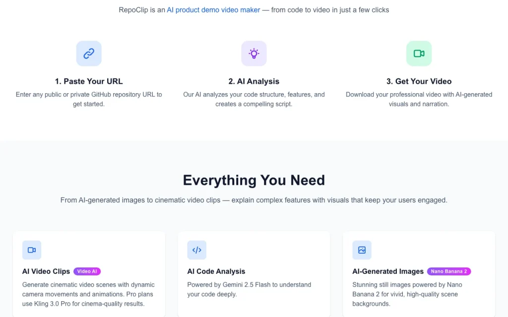RepoClip homepage — screenshot of the video AI tool, Oct 1, 2026
