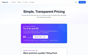 RepoClip pricing page homepage screenshot, video AI tool