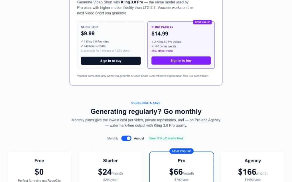 RepoClip pricing page with plans and prices — screenshot of the video AI tool, Oct 1, 2026