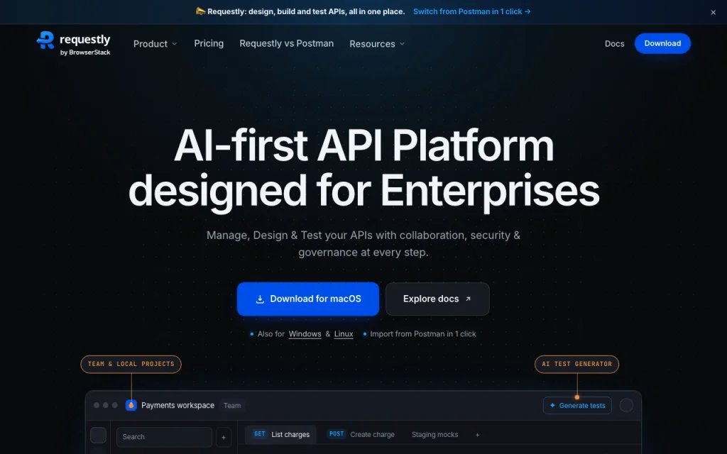 Requestly homepage — screenshot of the coding AI tool, Oct 1, 2026