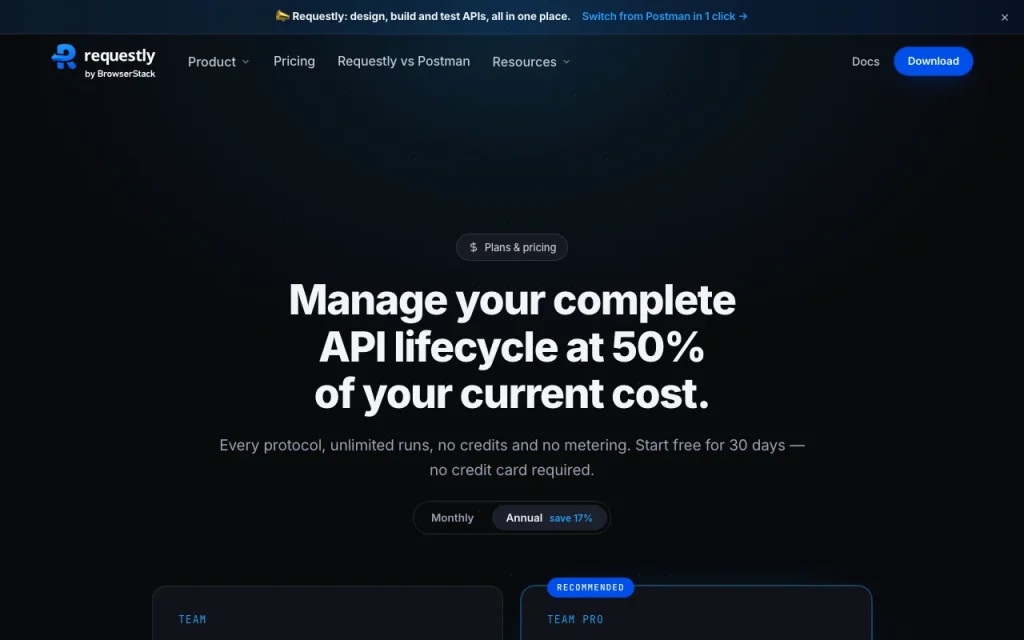 Requestly página de precios con planes y precios — captura de pantalla de la herramienta de IA programación, Oct 1, 2026