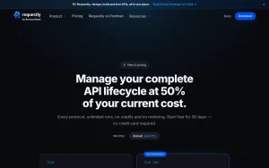 Requestly pricing page homepage screenshot, coding AI tool