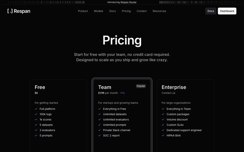 Respan página de precios con planes y precios — captura de pantalla de la herramienta de IA programación, Oct 1, 2026