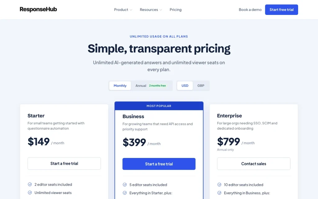 ResponseHub pricing page with plans and prices — screenshot of the productivity & writing AI tool, Oct 2, 2026