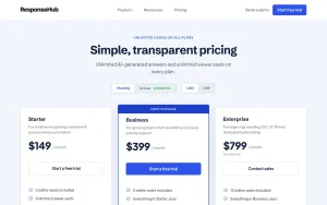 ResponseHub pricing page with plans and prices — screenshot of the productivity & writing AI tool, 2026-10-02