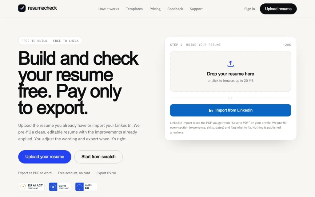 ResumeCheck página principal — captura de pantalla de la herramienta de IA productividad y escritura, Oct 13, 2026