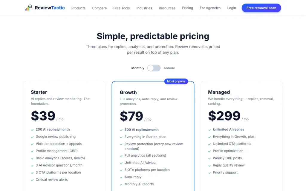 ReviewTactic pricing page with plans and prices — screenshot of the productivity & writing AI tool, Oct 1, 2026