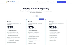 ReviewTactic pricing page with plans and prices — screenshot of the productivity & writing AI tool, 2026-10-01
