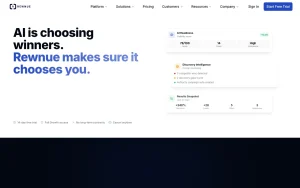 Rewnue features page — screenshot of the research & search AI tool, 2026-10-02