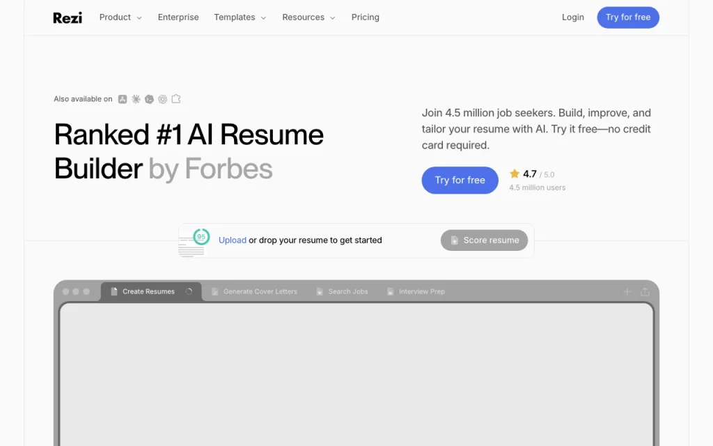 Rezi Startseite – Screenshot des KI-Tools produktivität & schreiben, Oct 13, 2026