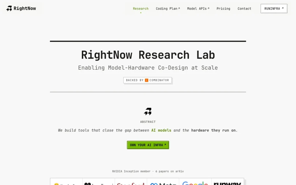 RightNow AI (RunInfra) Startseite – Screenshot des KI-Tools coding, Oct 2, 2026