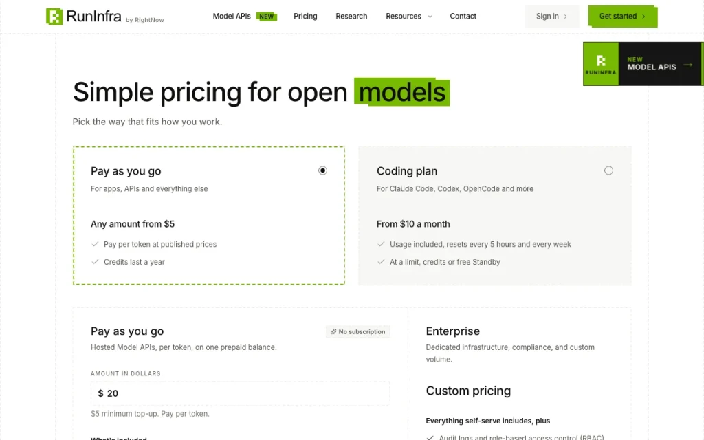 RightNow AI (RunInfra) page de tarifs avec offres et prix — capture d'écran de l'outil d'IA programmation, Oct 2, 2026