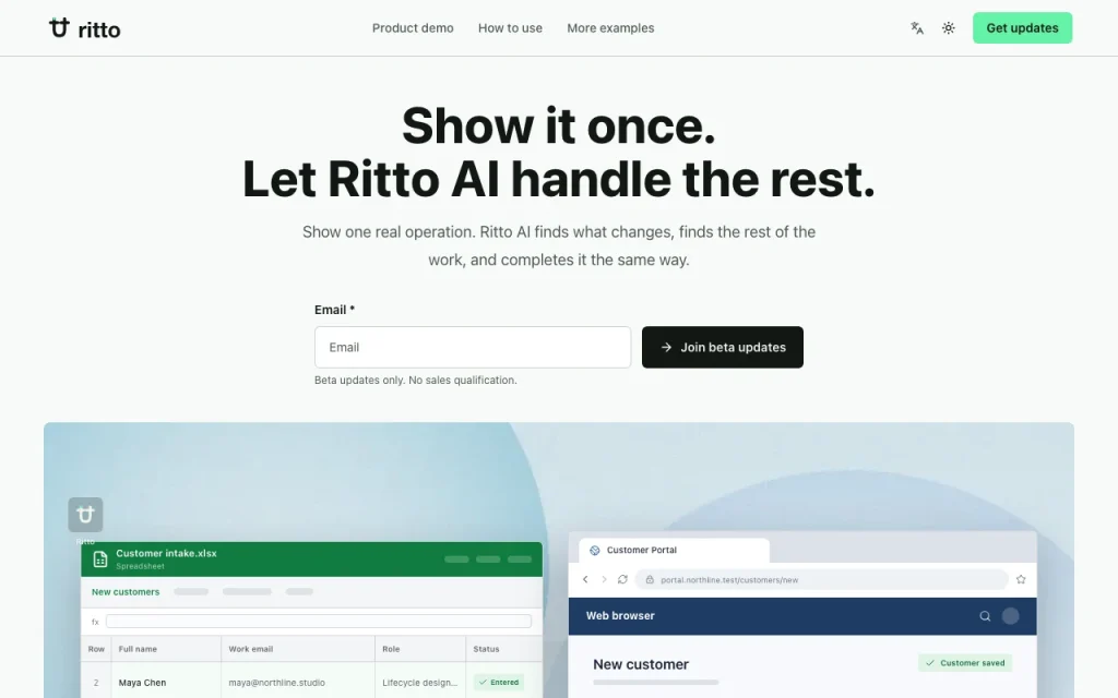 Ritto AI página principal — captura de pantalla de la herramienta de IA productividad y escritura, Oct 2, 2026