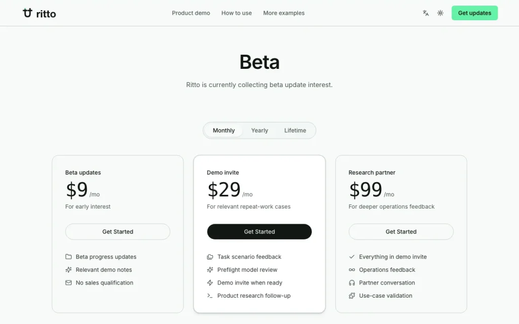 Ritto AI page de tarifs avec offres et prix — capture d'écran de l'outil d'IA productivité et rédaction, Oct 2, 2026
