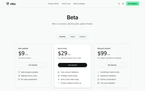 Ritto AI pricing page with plans and prices — screenshot of the productivity & writing AI tool, 2026-10-02