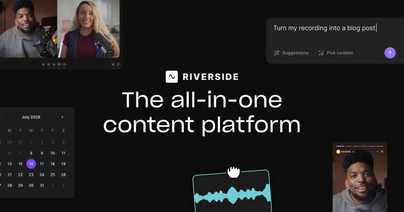 Riverside homepage screenshot, video AI tool