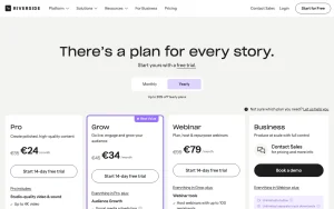 Riverside pricing page with plans and prices — screenshot of the video AI tool, 2026-10-05
