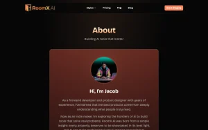 RoomX AI about page — screenshot of the image generation AI tool, 2026-10-02