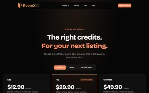 RoomX AI pricing page with plans and prices — screenshot of the image generation AI tool, 2026-10-02