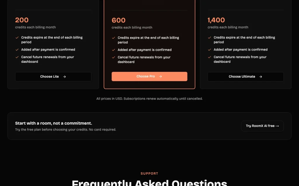 RoomX AI pricing page with plans and prices — screenshot of the image generation AI tool, Oct 2, 2026