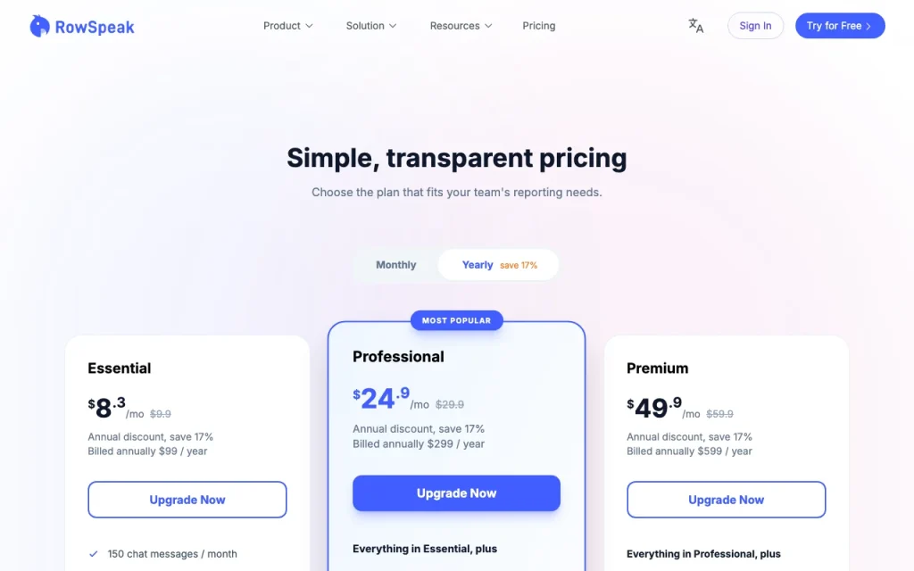 RowSpeak pricing page with plans and prices — screenshot of the productivity & writing AI tool, Oct 1, 2026