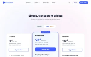 RowSpeak pricing page with plans and prices — screenshot of the productivity & writing AI tool, 2026-10-01