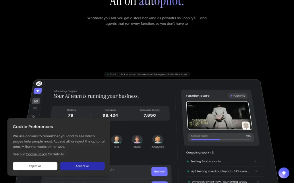 Runner AI homepage — screenshot of the productivity & writing AI tool, Oct 1, 2026