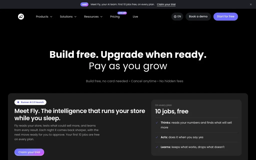 Runner AI pricing page with plans and prices — screenshot of the productivity & writing AI tool, Oct 1, 2026
