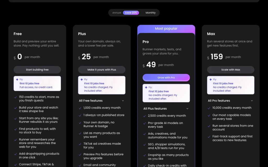 Runner AI página de precios con planes y precios — captura de pantalla de la herramienta de IA productividad y escritura, Oct 1, 2026