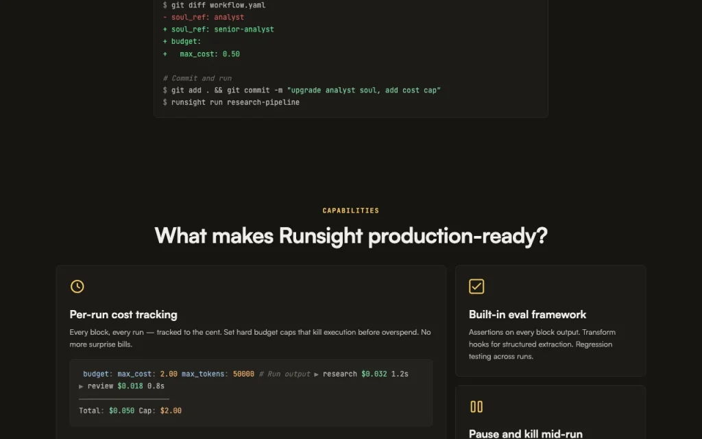 Runsight página principal — captura de pantalla de la herramienta de IA programación, Oct 2, 2026