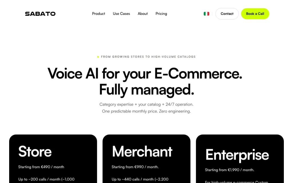 Sabato AI pricing page with plans and prices — screenshot of the audio & voice AI tool, Oct 2, 2026