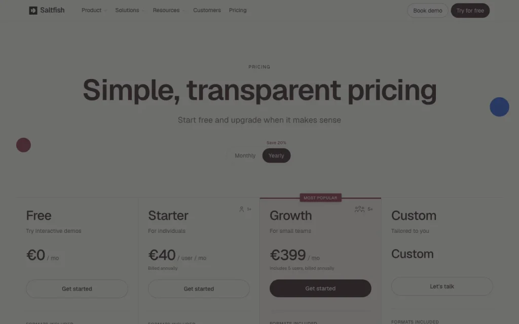 Saltfish pricing page with plans and prices — screenshot of the video AI tool, Oct 1, 2026