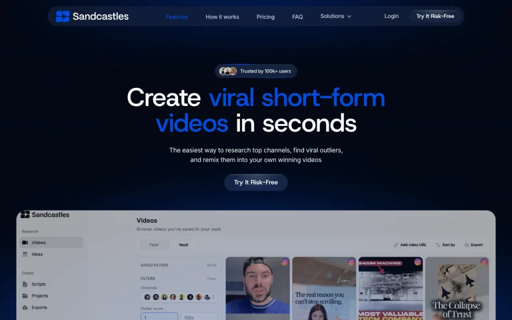 Capture d'écran de la page d'accueil de Sandcastles, outil d'IA vidéo