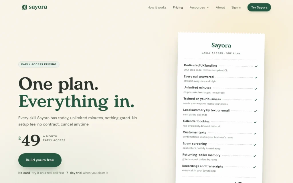Sayora pricing page with plans and prices — screenshot of the audio & voice AI tool, Oct 1, 2026