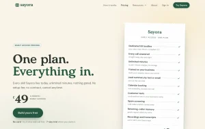 Sayora pricing page with plans and prices — screenshot of the audio & voice AI tool, 2026-10-01