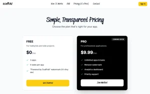 Scaffold pricing page with plans and prices — screenshot of the productivity & writing AI tool, 2026-10-02