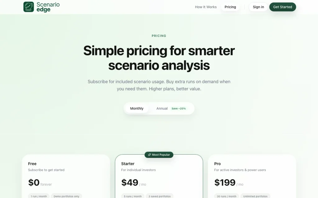 Scenario Edge página de precios con planes y precios — captura de pantalla de la herramienta de IA investigación y búsqueda, Oct 1, 2026