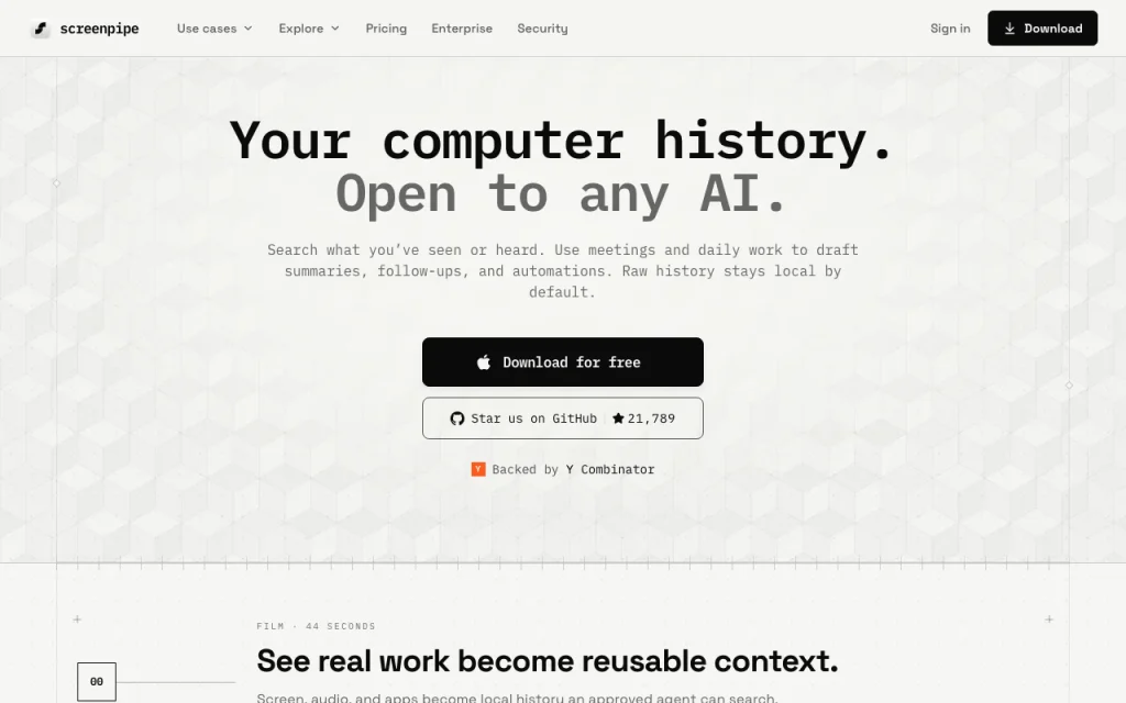 screenpipe homepage — screenshot of the productivity & writing AI tool, Oct 1, 2026