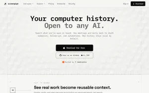 screenpipe homepage — screenshot of the productivity & writing AI tool, 2026-10-01