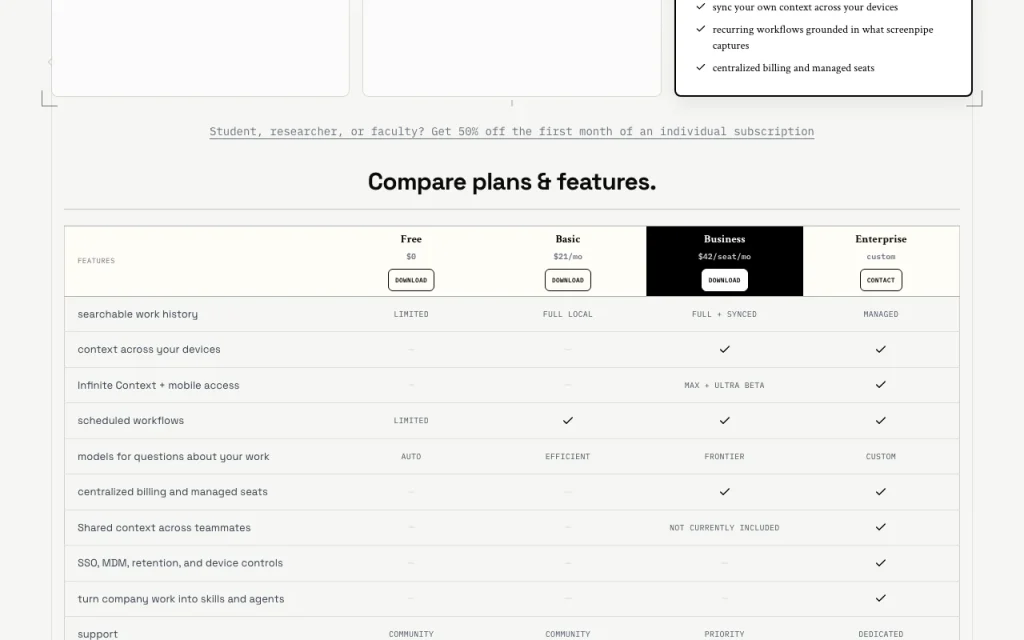 screenpipe página de precios con planes y precios — captura de pantalla de la herramienta de IA productividad y escritura, Oct 1, 2026