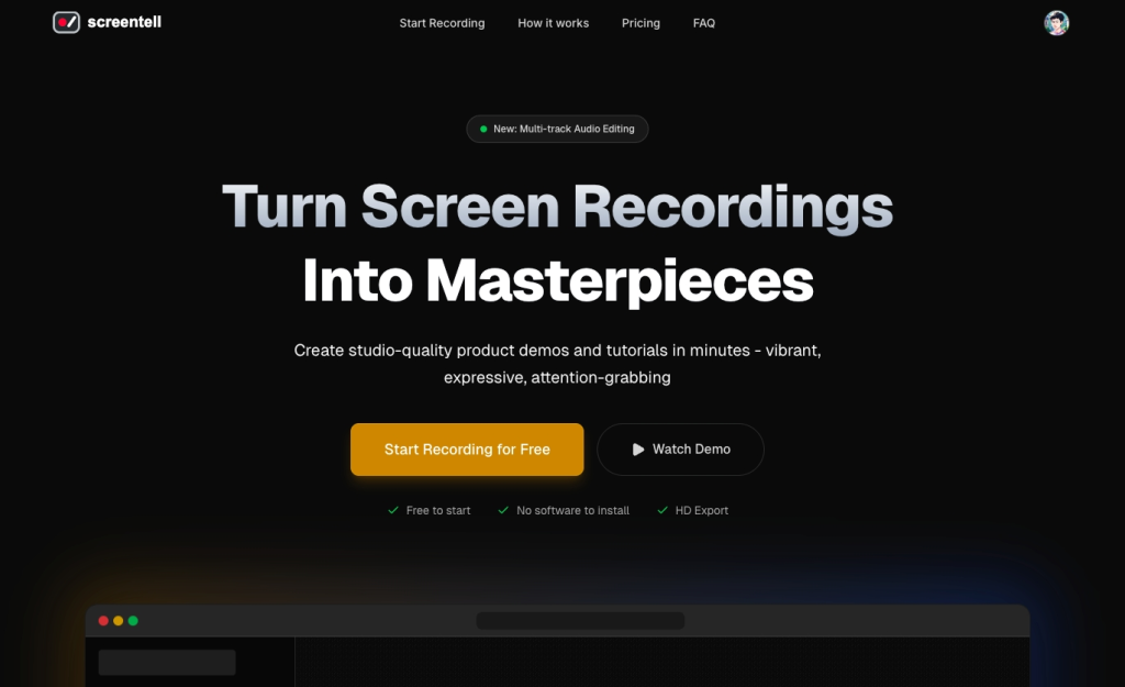 Screentell homepage screenshot, video AI tool