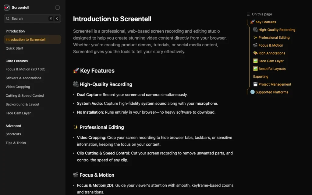 Screentell documentation — screenshot of the video AI tool, Oct 2, 2026