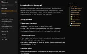 Screentell documentation — screenshot of the video AI tool, 2026-10-02