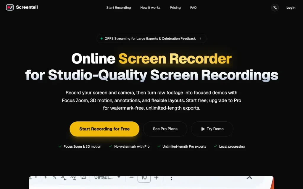 Screentell homepage — screenshot of the video AI tool, Oct 2, 2026