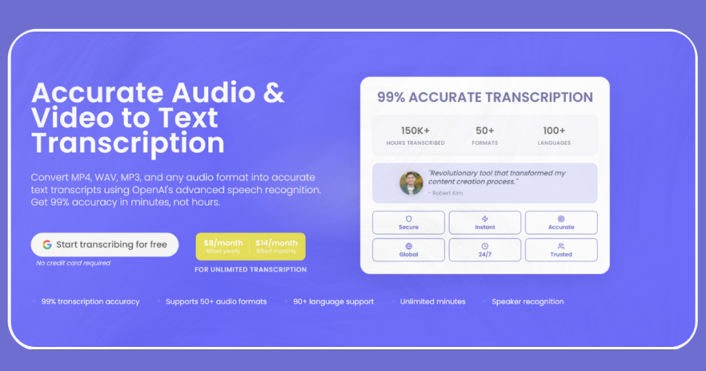 ScriberGPT homepage screenshot, audio & voice AI tool