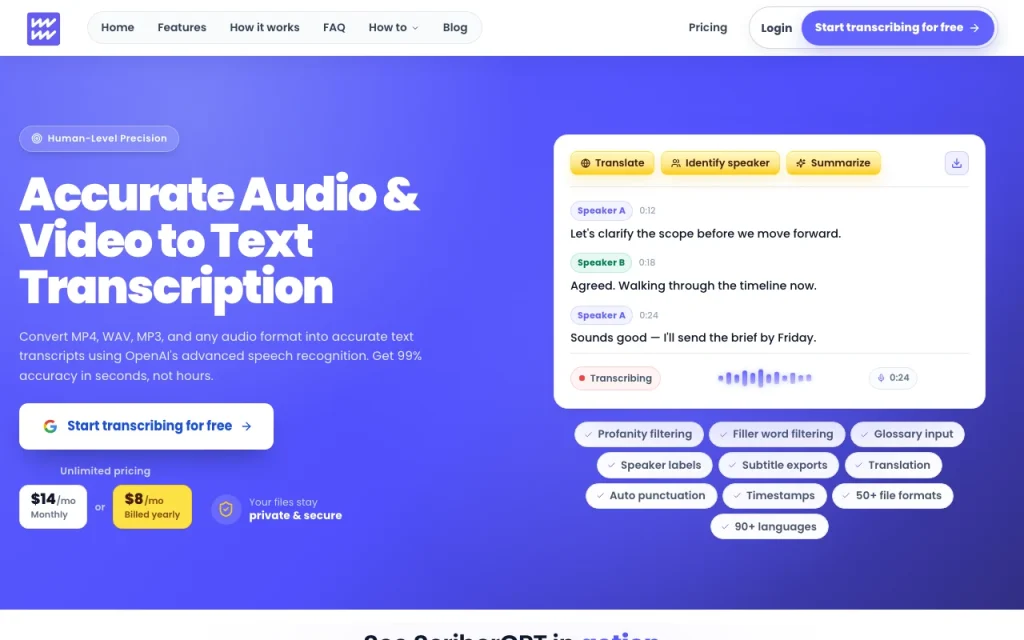 ScriberGPT homepage — screenshot of the audio & voice AI tool, Oct 1, 2026